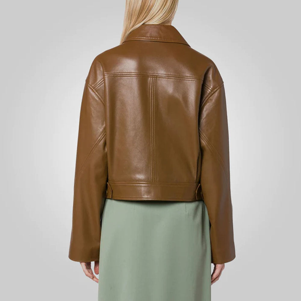 Women Pointed Collar Brown Goatskin Plain Leather Jacket