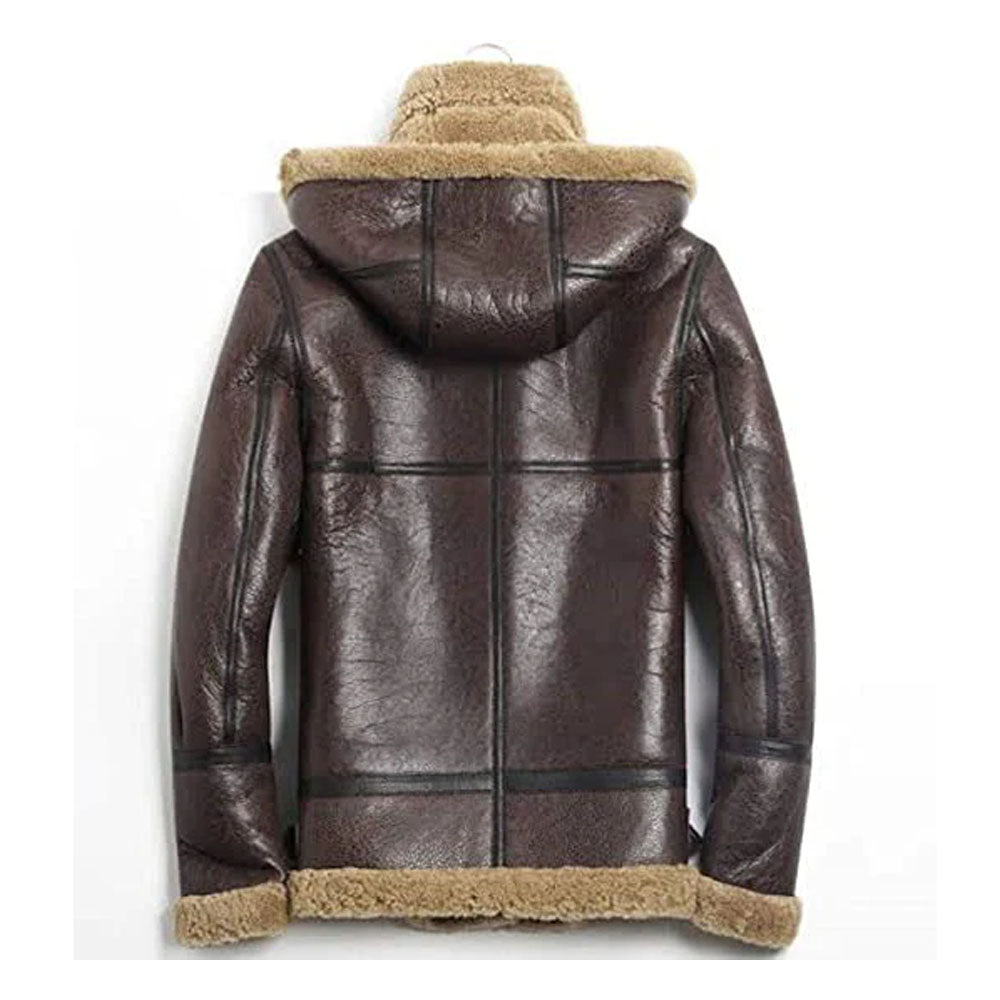 Men Aviator RAF Flying Sheepskin Brown Hooded Shearling Leather Jacket