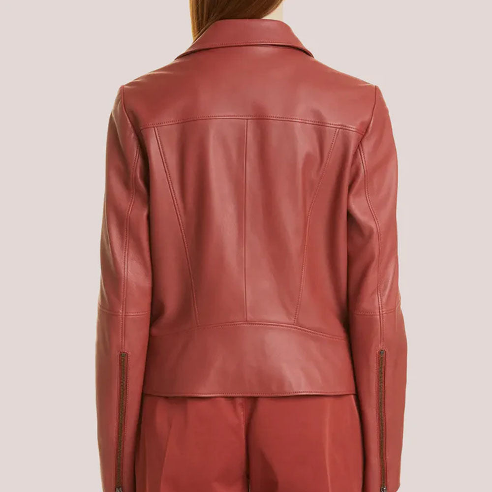 Plain Red Women Biker Leather Sheepskin Jacket