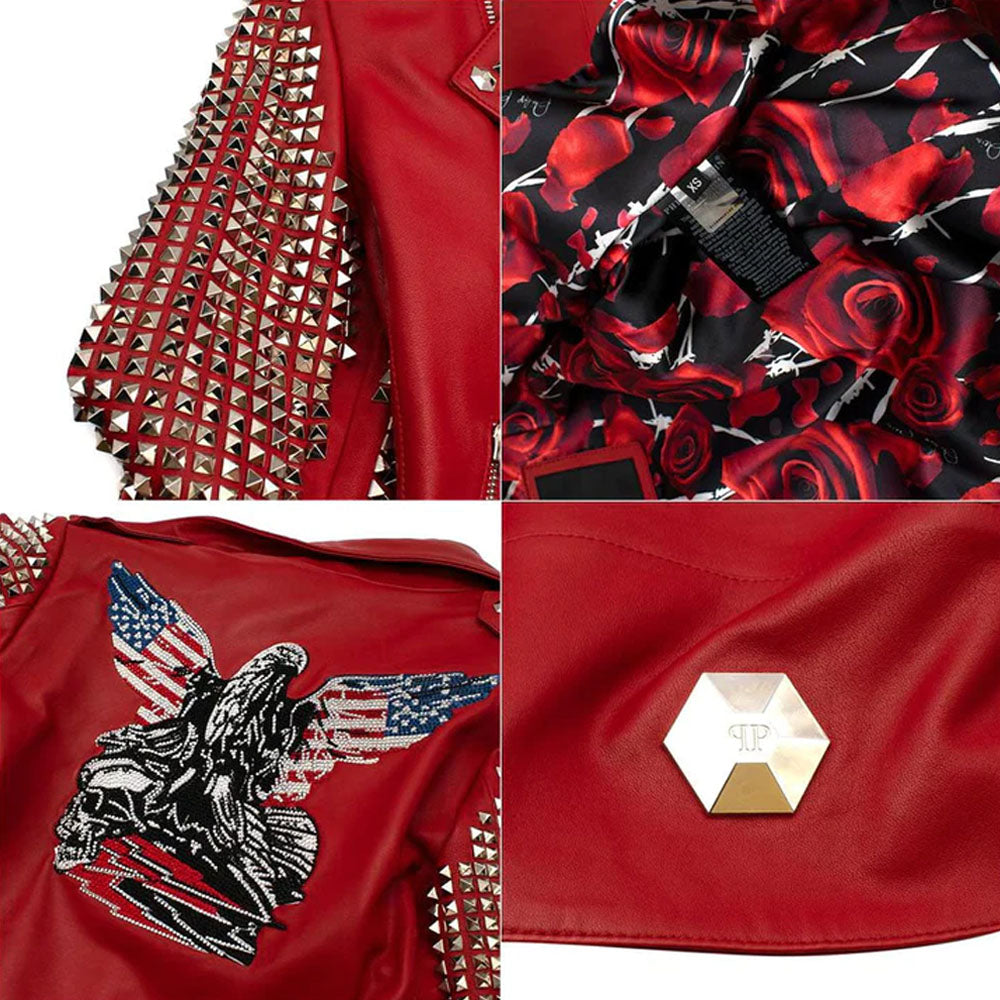 Women Red New Motorcycle Studded Fashion Biker Leather Jacket