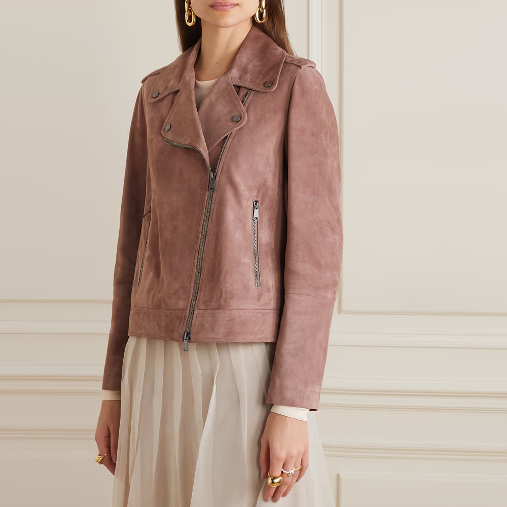 Women Pink Suede Motorcycle Leather Biker Jacket