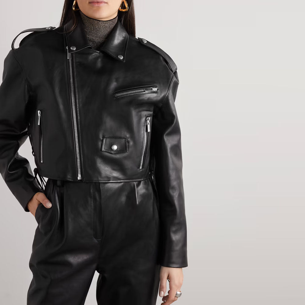 Women Black Sheepskin Motorbike Biker Leather Jacket