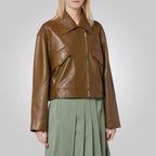 Women Pointed Collar Brown Goatskin Plain Leather Jacket