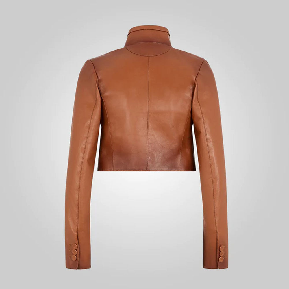 Women Sheepskin Cropped Brown Leather Jacket