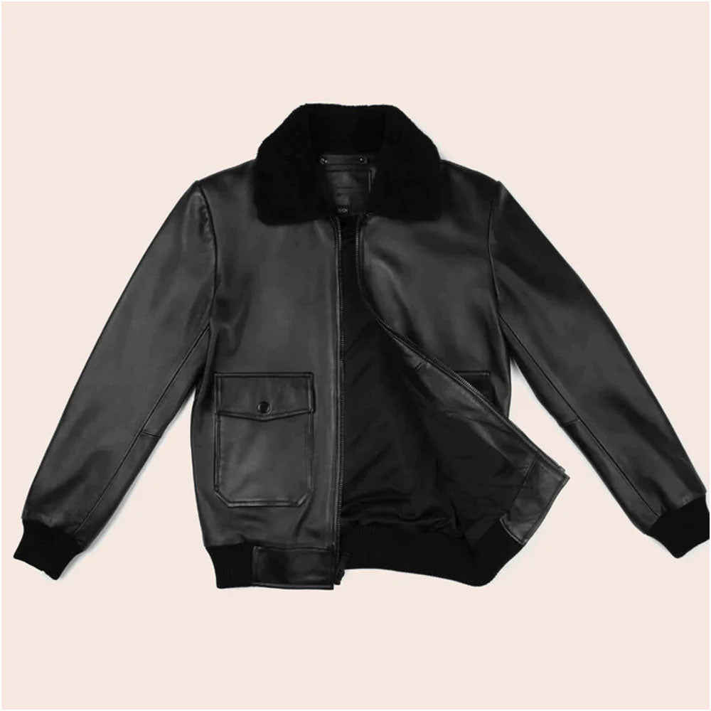 Black Bomber Men's Flight F-1 Leather Jacket