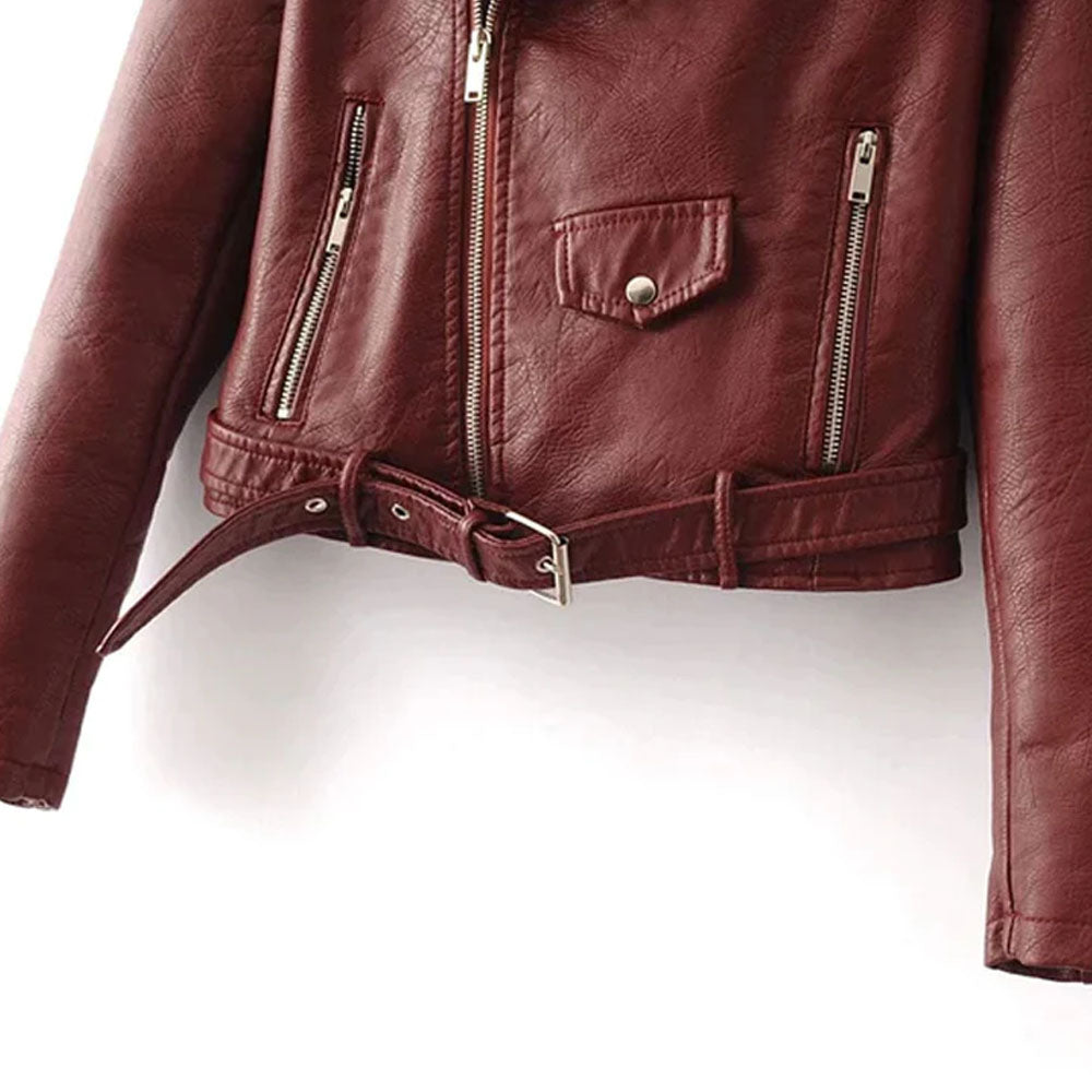 Women's Burgundy Red Sheepskin Leather Biker Jacket