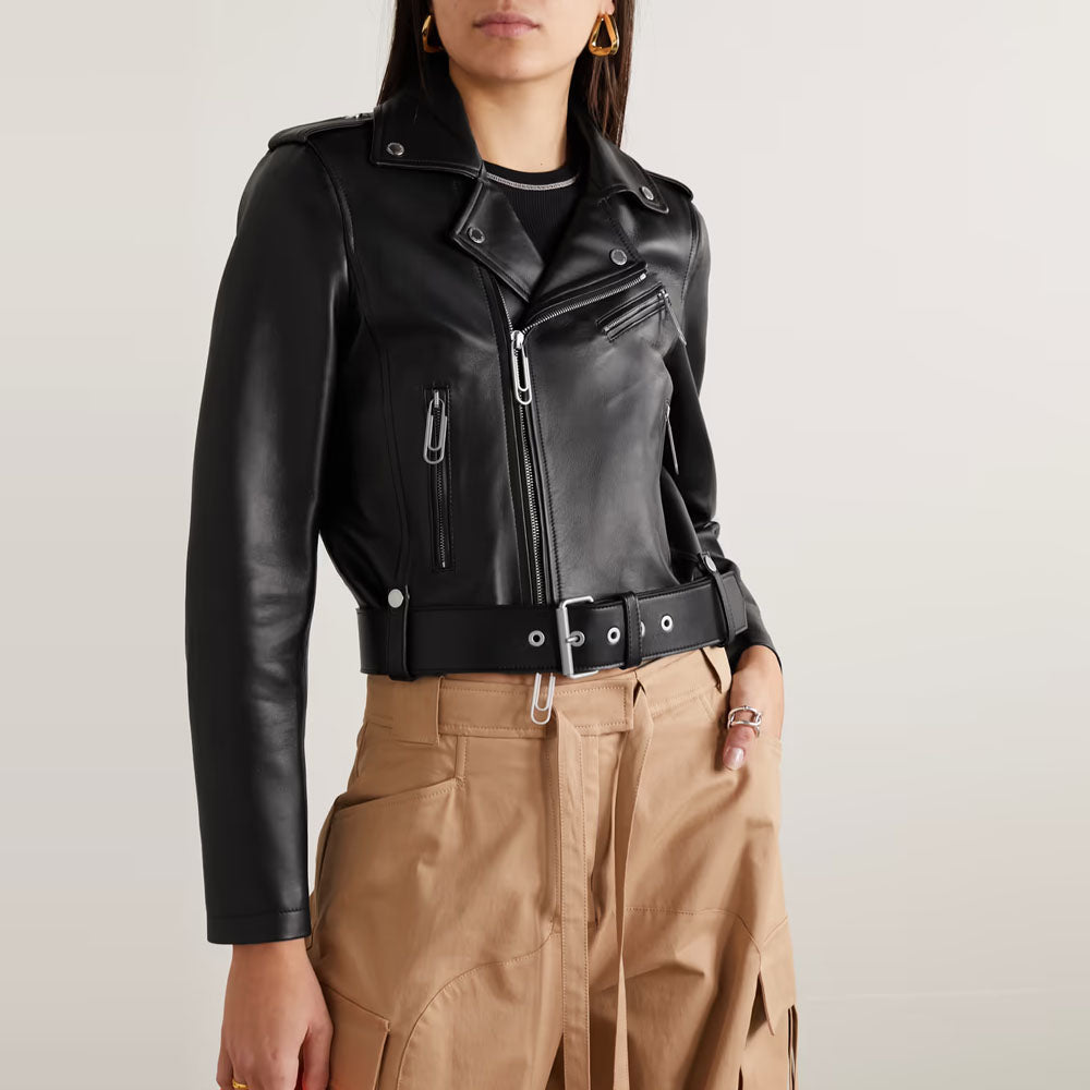 Women Black Belted Lambskin Motorbike Leather Biker Jacket