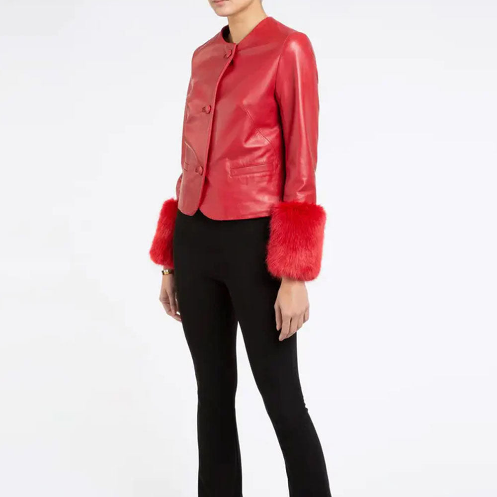 Red Sheepskin Women Biker Faux Fur Leather Jacket