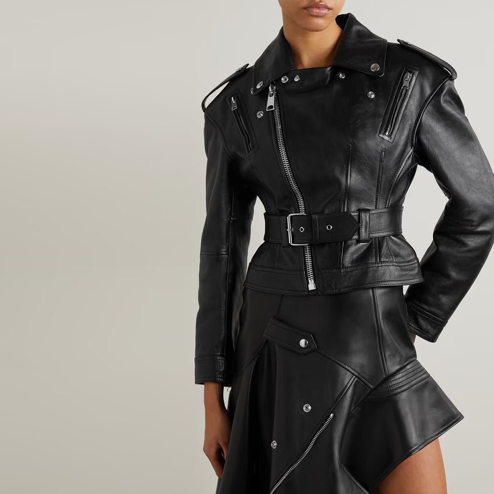 Women Black Belted Lambskin Motorbike Leather Biker Jacket