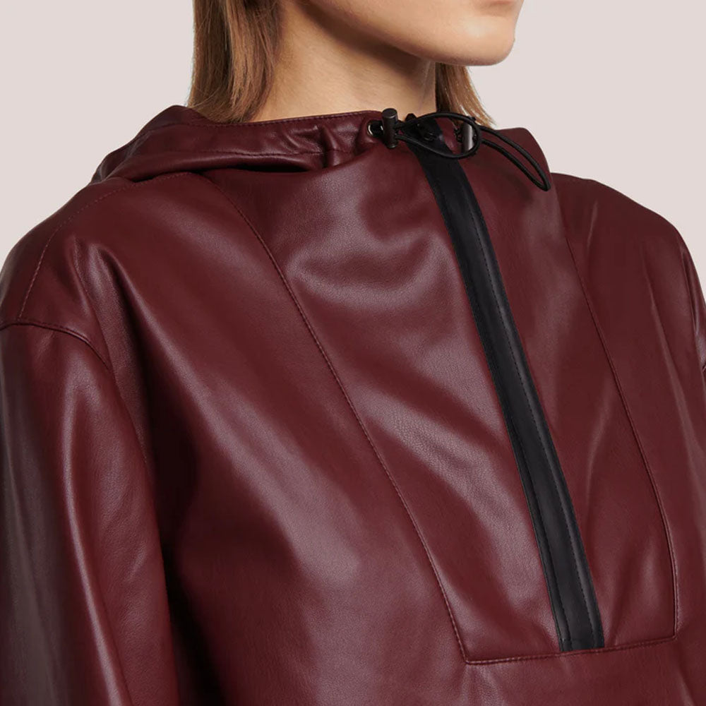 Red Hooded Women Bomber Lambskin Leather Jacket