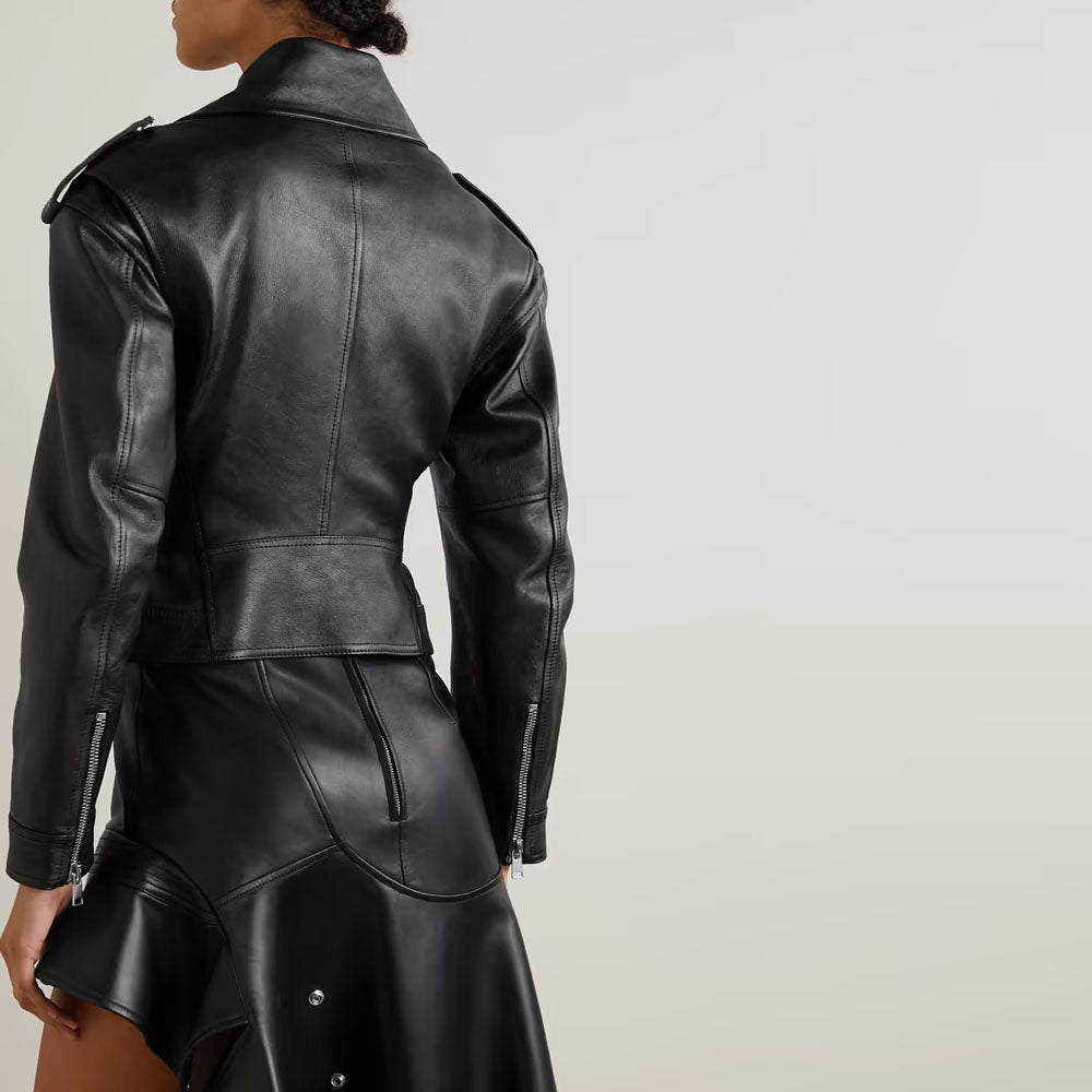 Women Black Belted Lambskin Motorbike Leather Biker Jacket