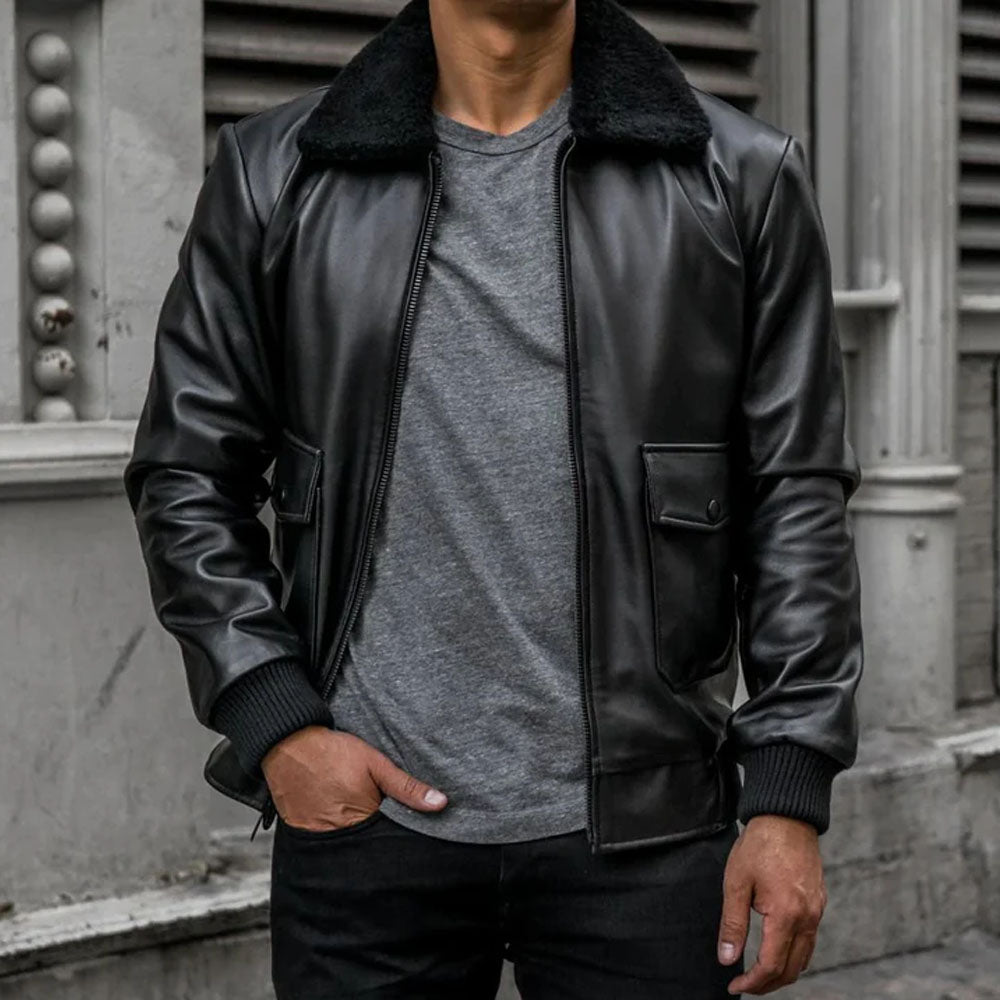 Black Bomber Men's Flight F-1 Leather Jacket