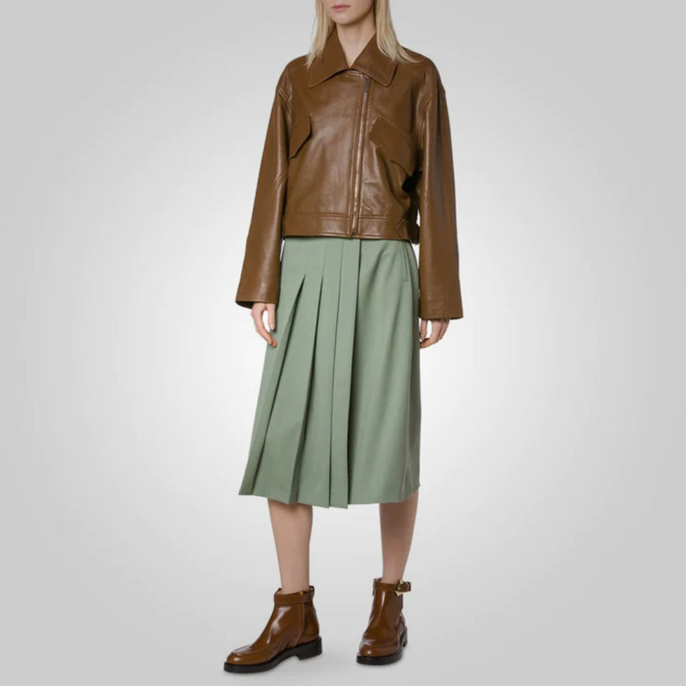 Women Pointed Collar Brown Goatskin Plain Leather Jacket