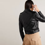 Women Black Belted Lambskin Motorbike Leather Biker Jacket