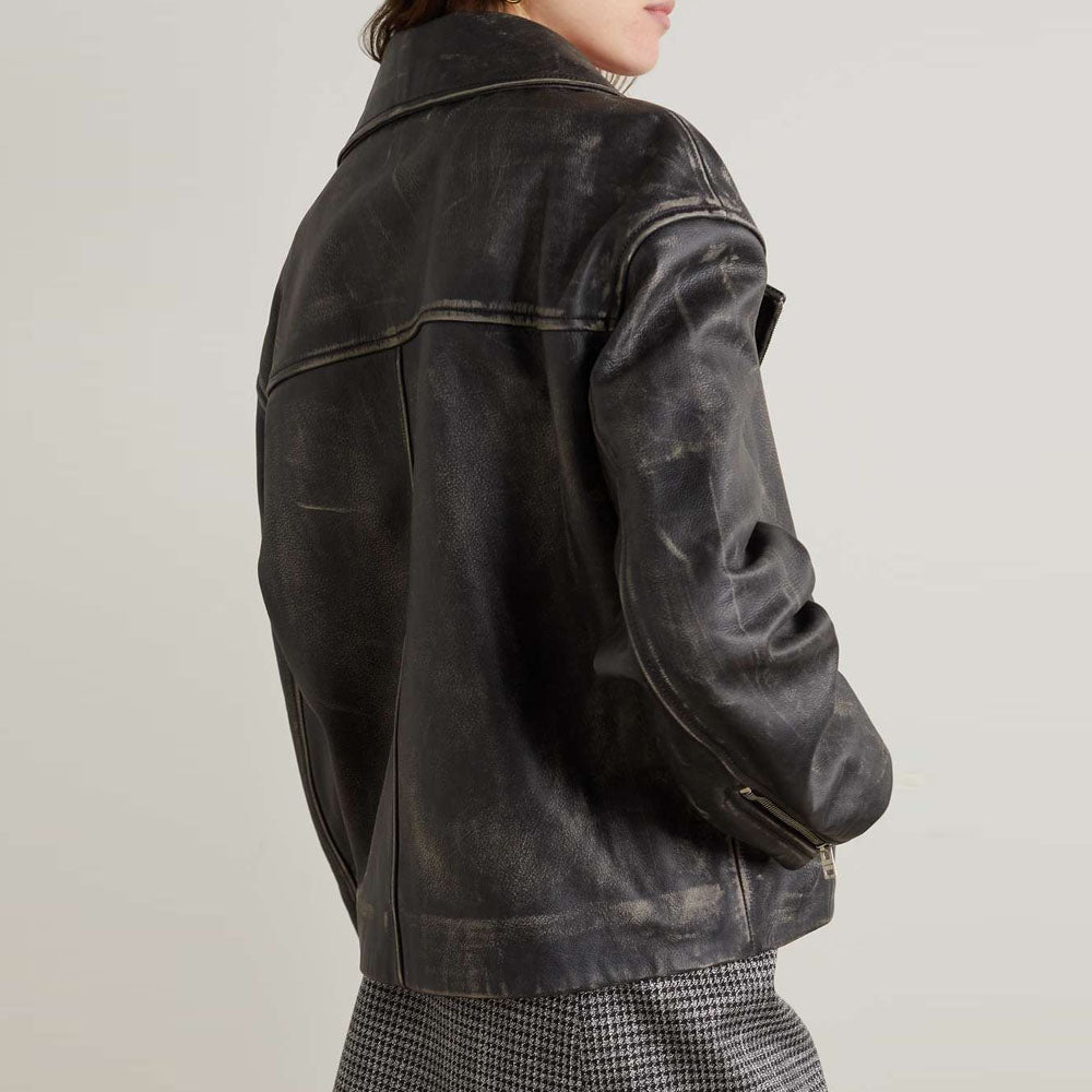 Women Black Motorcycle Goatskin Biker Leather Jacket