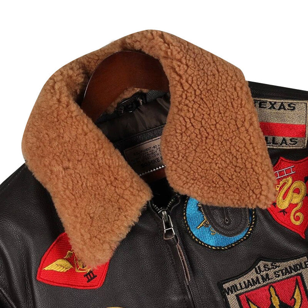 Men Airforce Pilot RAF Fur Collar Sheepskin Brown Shearling Leather Jacket