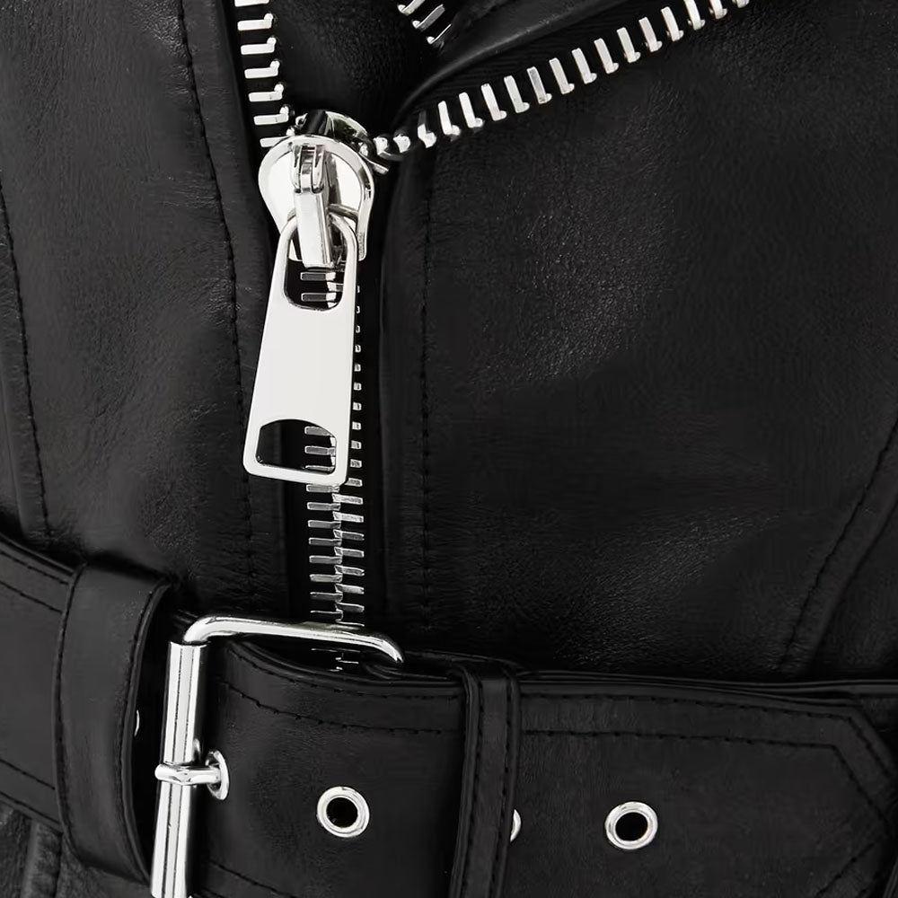 Women Black Belted Lambskin Motorbike Leather Biker Jacket