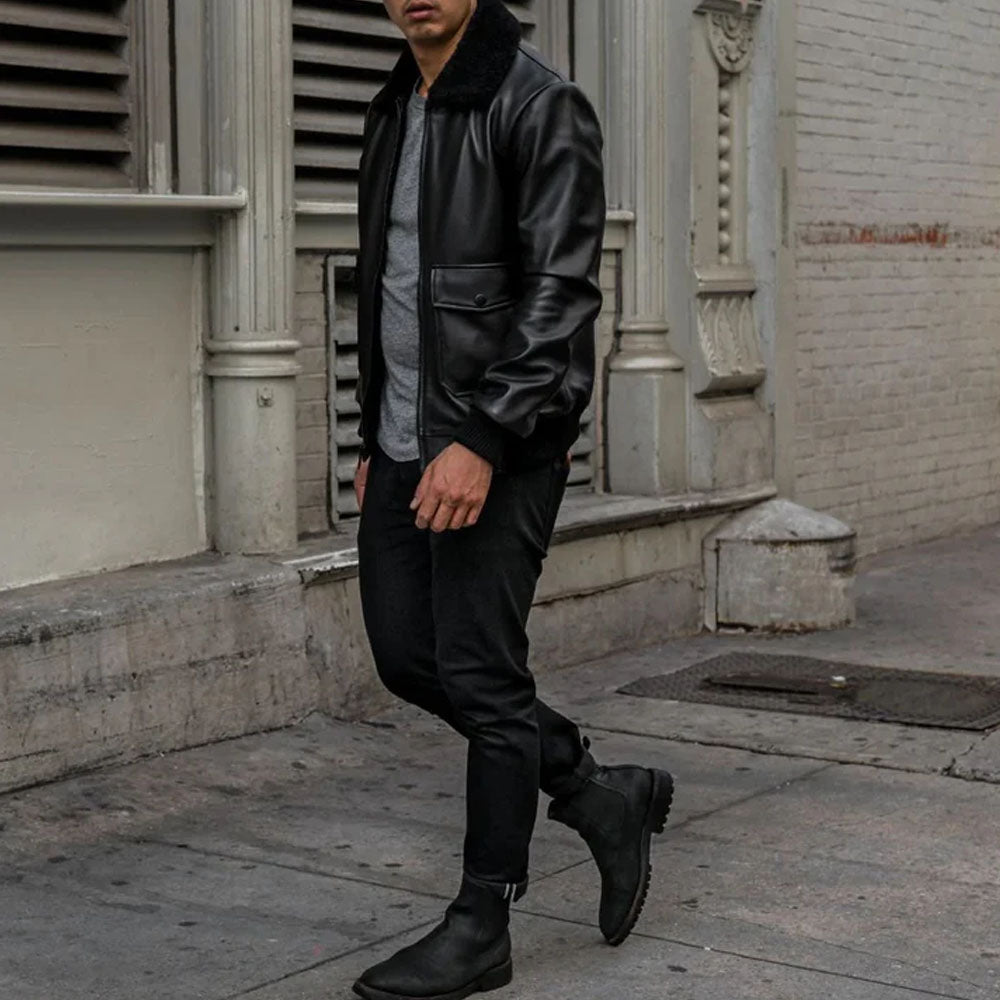 Black Bomber Men's Flight F-1 Leather Jacket