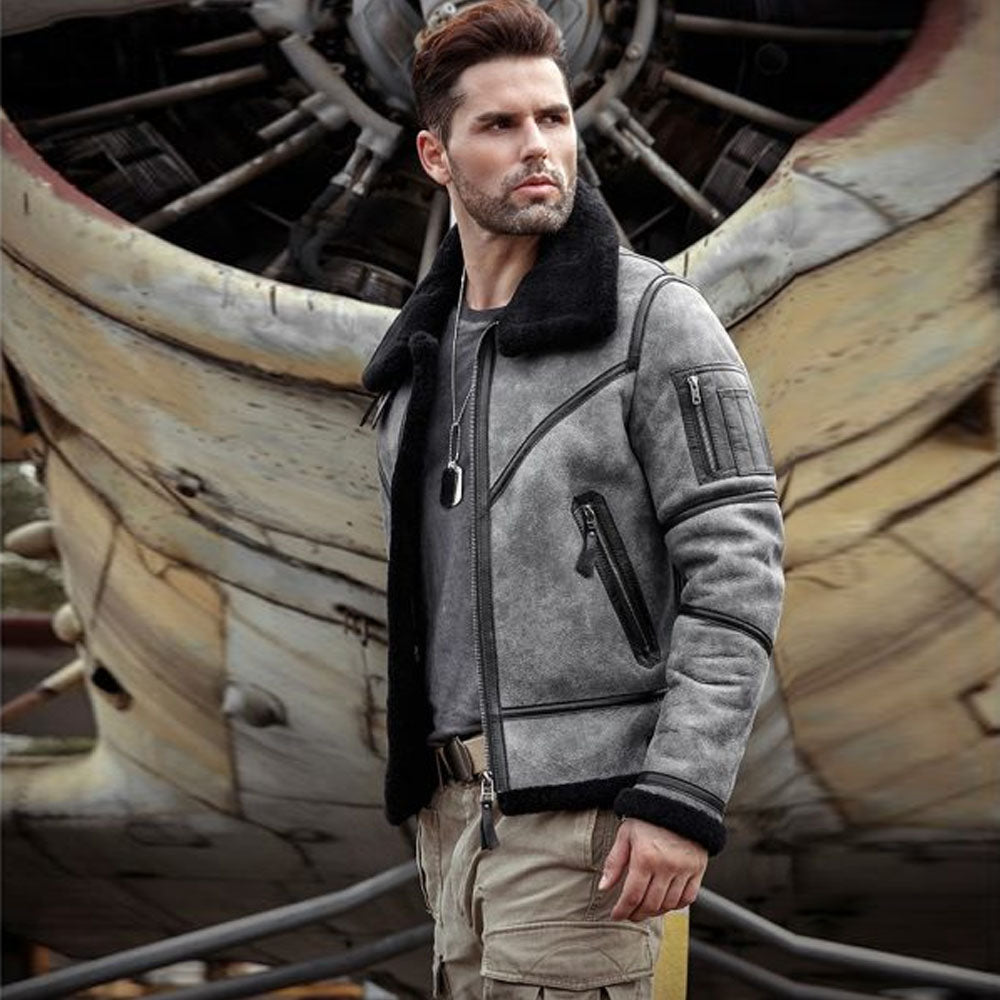 Mens Aviator B3 Bomber Coat Flying RAF Sheepskin Airforce Leather Jacket