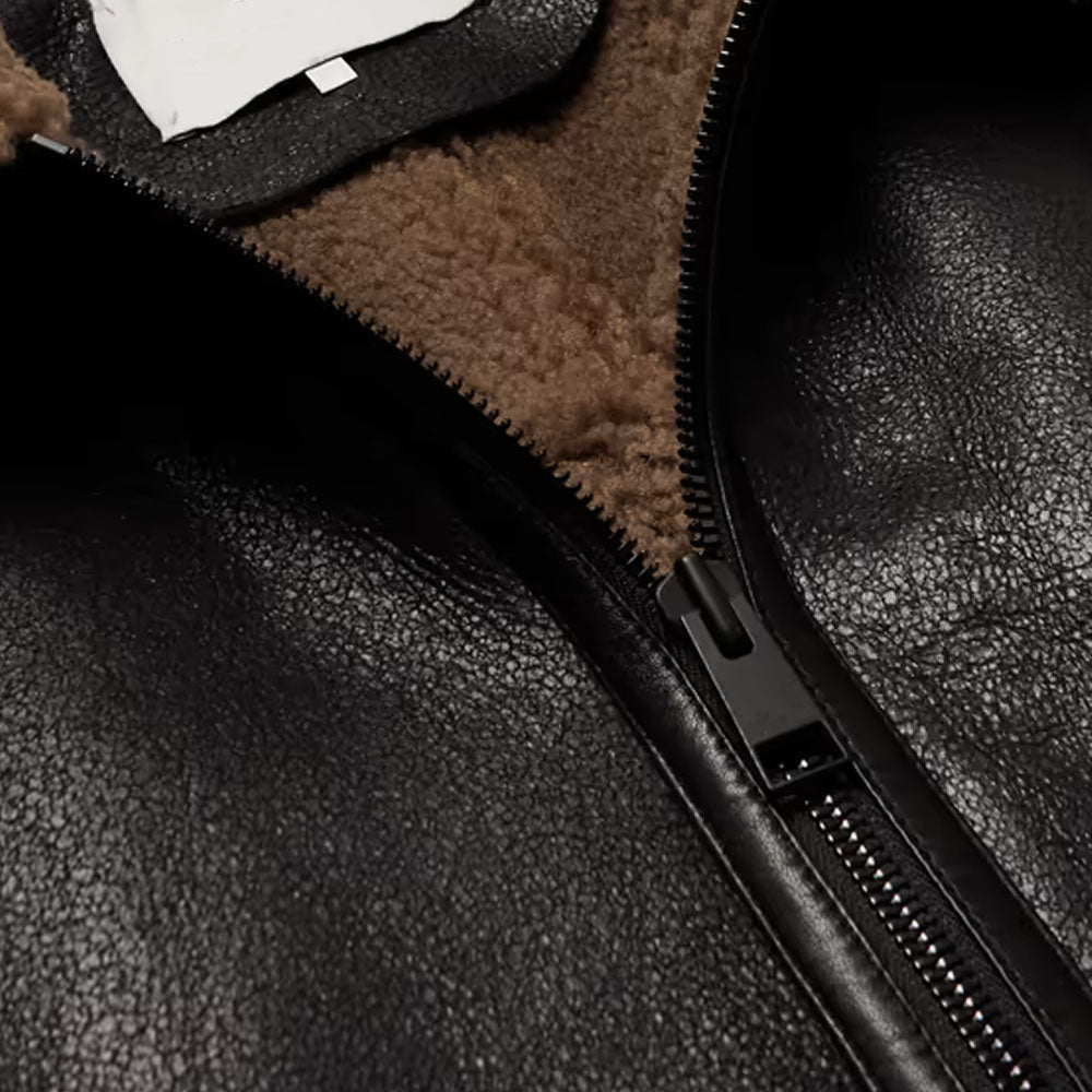 New Men Sheepskin Flying Fur Collar RAF Men Black Shearling Leather Jacket