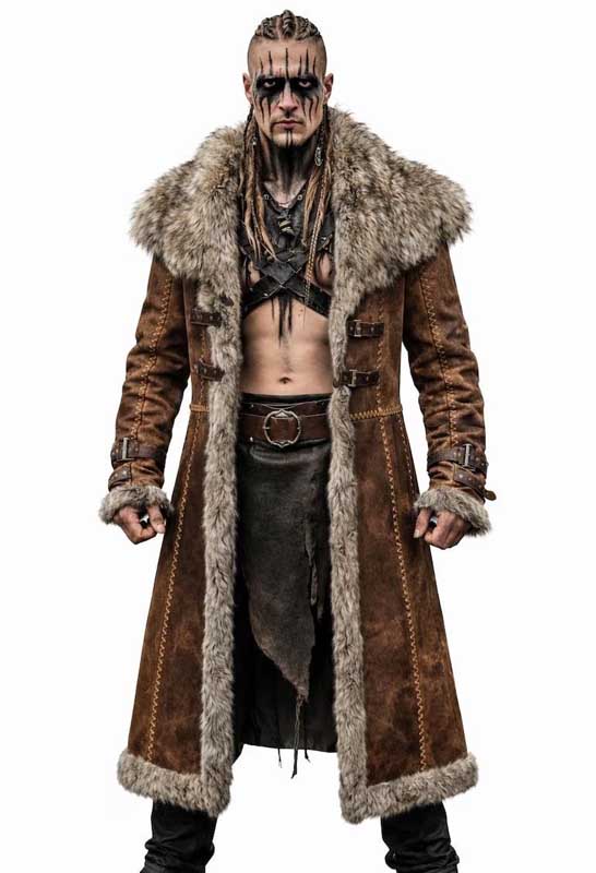 Viking Suede Fur Trim Tunic Coat for Men