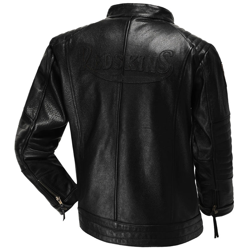 Mens Cowhide Motorcycle Leather Jacket Stand Collar