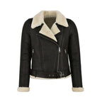 Women Genuine Leather Faux Fur Shearling Biker Jacket