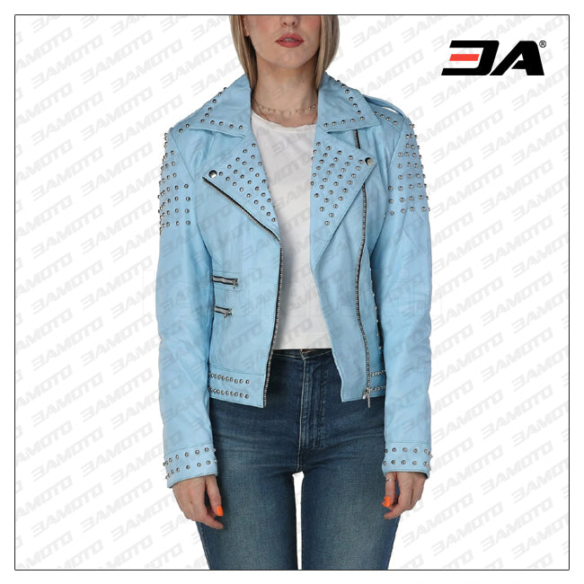 WOMEN SKY BLUE STUDDED LEATHER JACKET