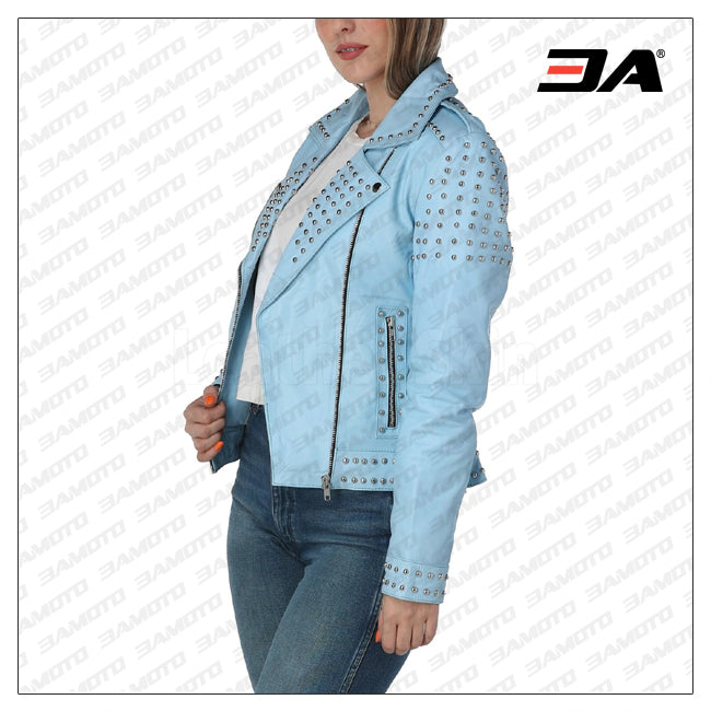 WOMEN SKY BLUE STUDDED LEATHER JACKET