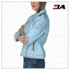 WOMEN SKY BLUE STUDDED LEATHER JACKET