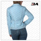 WOMEN SKY BLUE STUDDED LEATHER JACKET
