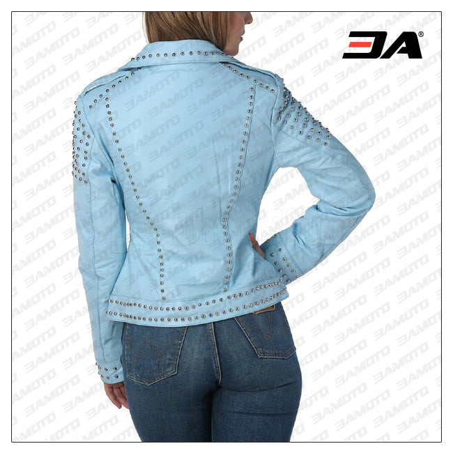 WOMEN SKY BLUE STUDDED LEATHER JACKET