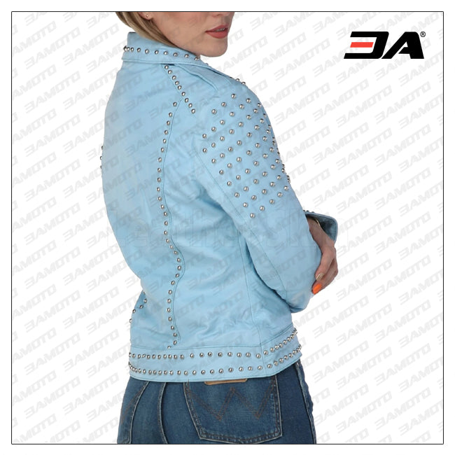 WOMEN SKY BLUE STUDDED LEATHER JACKET
