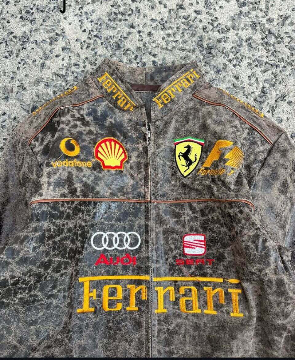 Brown Animal Print Ferrari Racing Leather Jacket