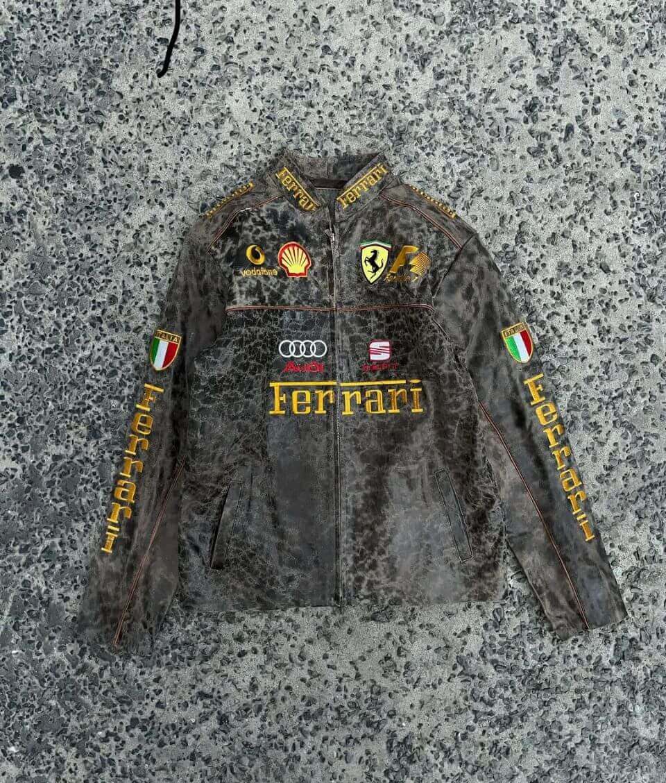Brown Animal Print Ferrari Racing Leather Jacket