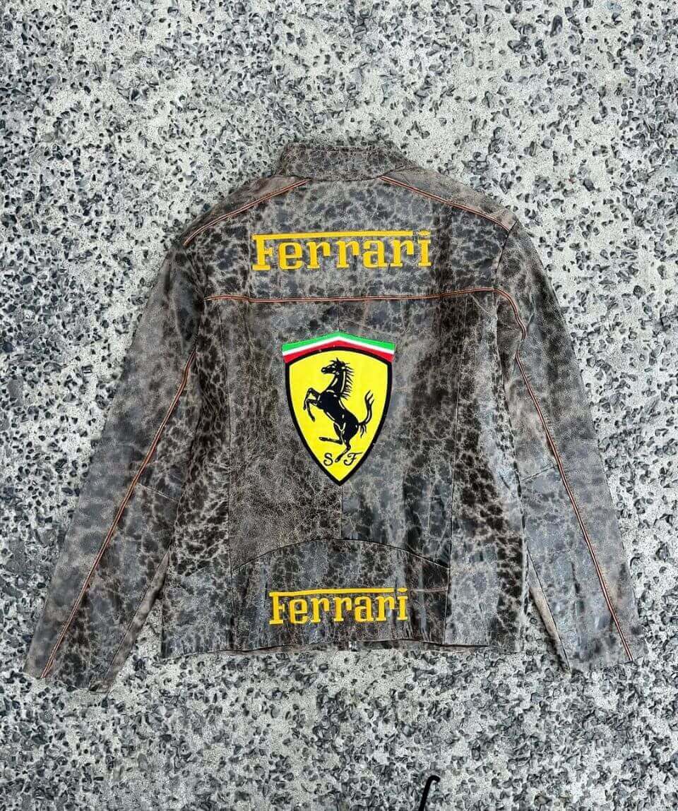 Brown Animal Print Ferrari Racing Leather Jacket