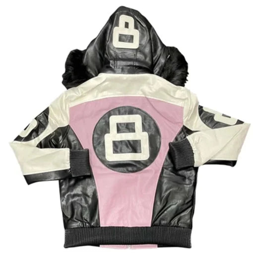 Men 8 Ball Pool Fur Hooded Leather Jacket