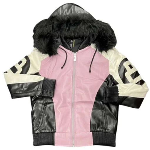 Men 8 Ball Pool Fur Hooded Leather Jacket