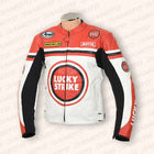 White & Red Lucky Strike Leather Biker Jacket