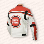 White & Red Lucky Strike Leather Biker Jacket