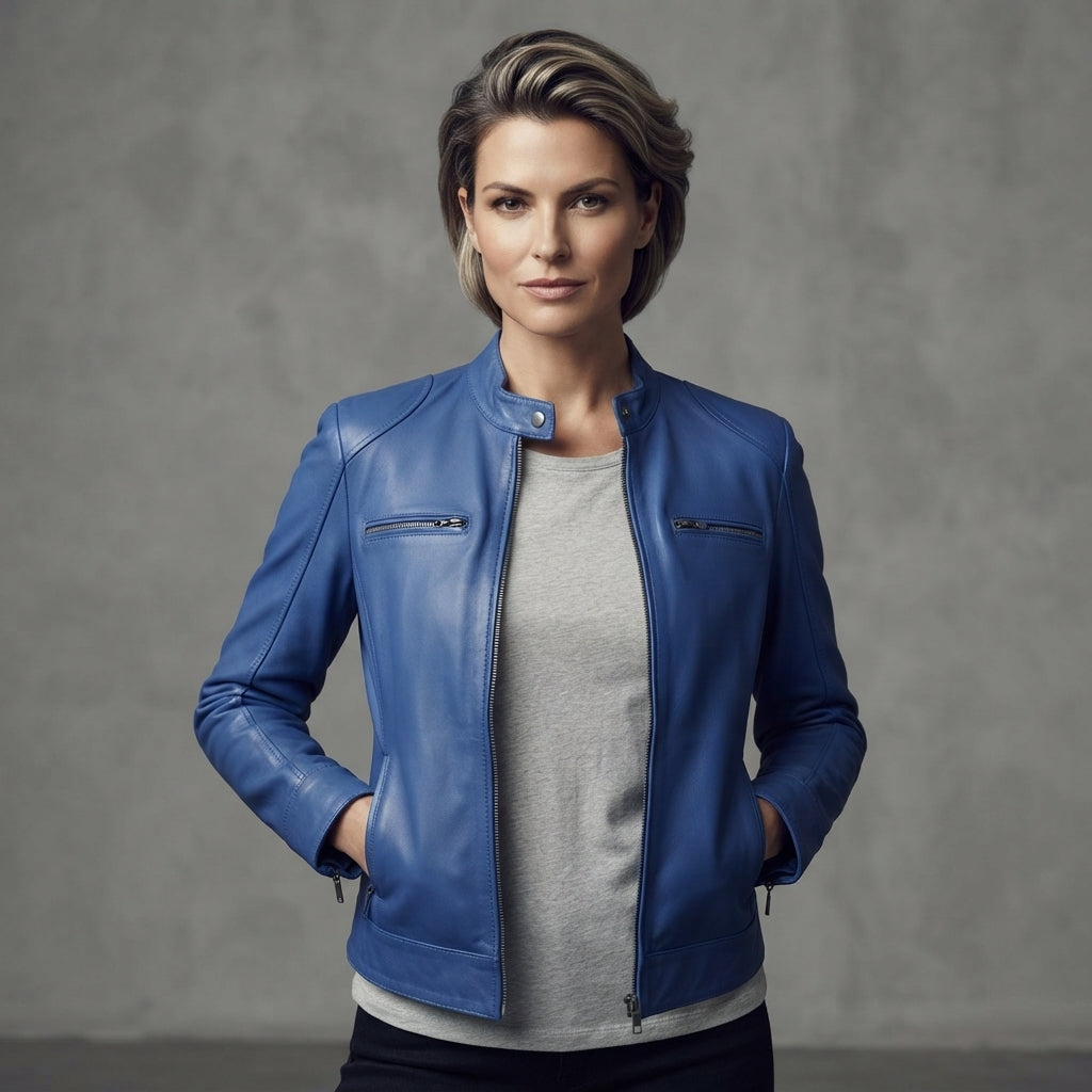 Women's Bright Blue Cafe Racer Leather Jacket