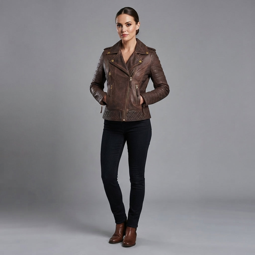 Women's Brown Distressed Leather Biker Jacket