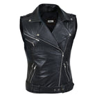 Women Black Belted Motorcycle Leather Vest with Silver Zippers