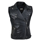 Women Black Belted Motorcycle Leather Vest with Silver Zippers