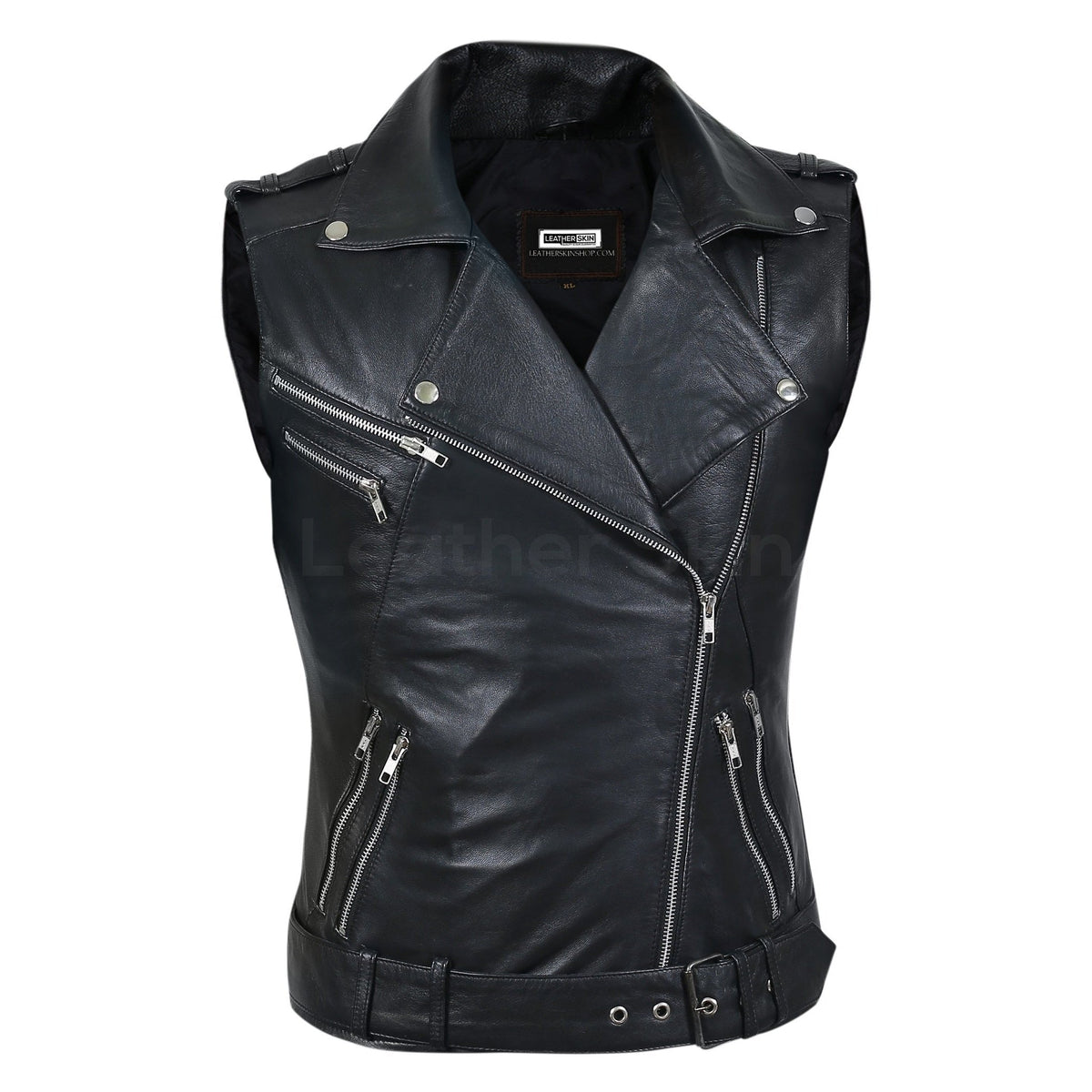 Women Black Belted Motorcycle Leather Vest with Silver Zippers
