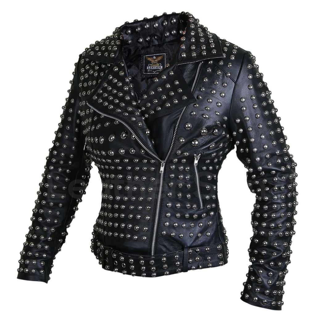 Women Black Brando Belted Round Cap Studded Leather Jacket