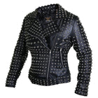 Women Black Brando Belted Round Cap Studded Leather Jacket