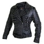 Women Black Brando Belted Round Cap Studded Leather Jacket