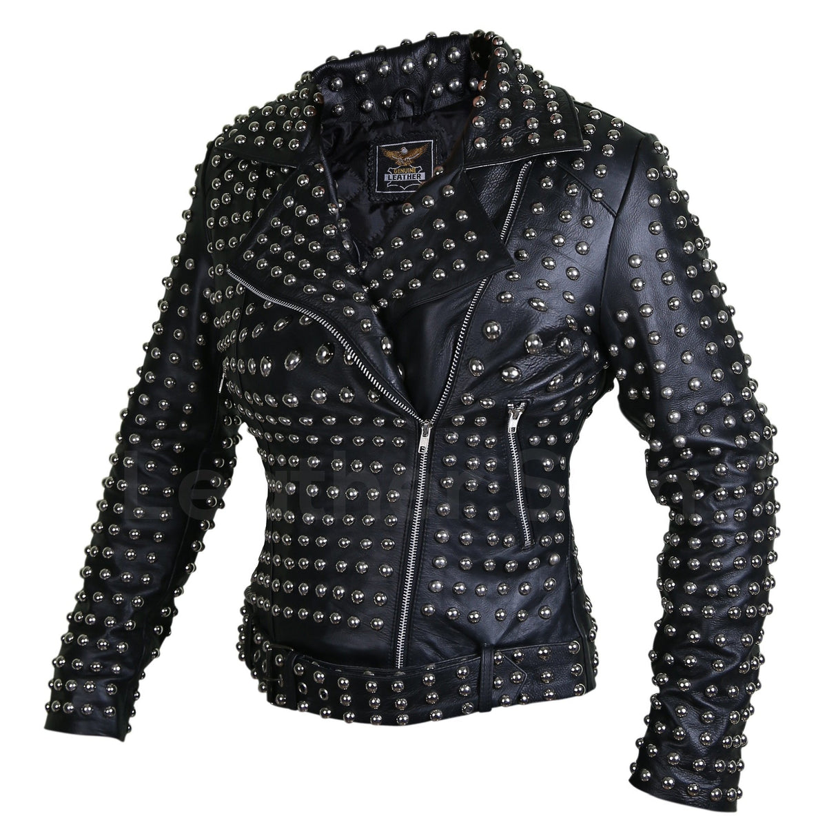 Women Black Brando Belted Round Cap Studded Leather Jacket