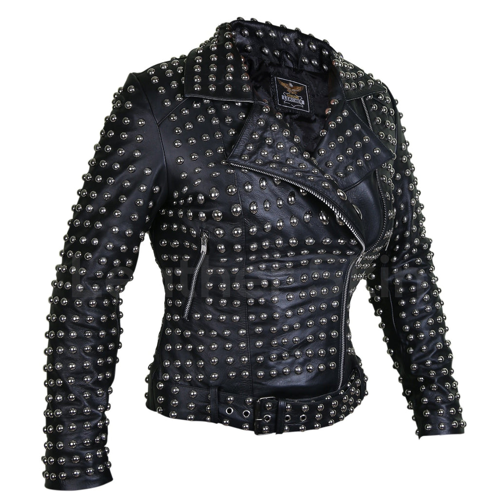 Women Black Brando Belted Round Cap Studded Leather Jacket